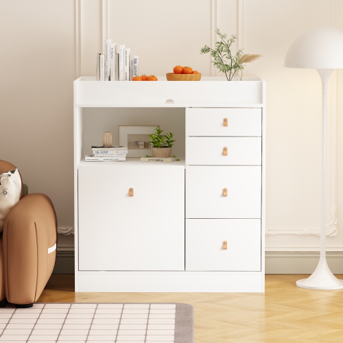 Homsee Classic White Changing Table with Ample Storage, Built-in Shelves, and Pull-Out Laundry Basket White