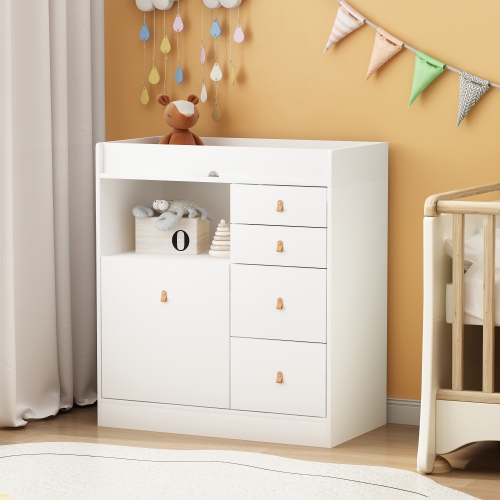 Homsee Classic White Changing Table with Ample Storage, Built-in Shelves, and Pull-Out Laundry Basket White