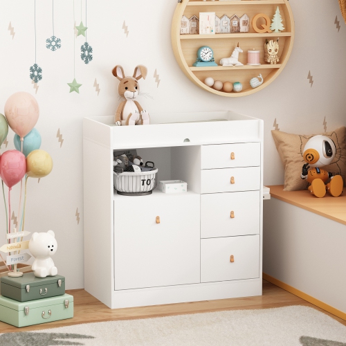Homsee Classic White Changing Table with Ample Storage, Built-in Shelves, and Pull-Out Laundry Basket White