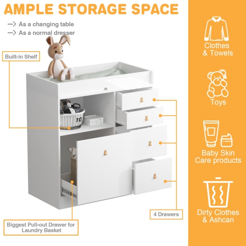 Homsee Classic White Changing Table with Ample Storage, Built-in Shelves, and Pull-Out Laundry Basket White