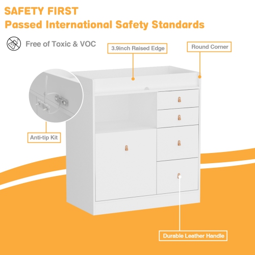 Homsee Classic White Changing Table with Ample Storage, Built-in Shelves, and Pull-Out Laundry Basket White