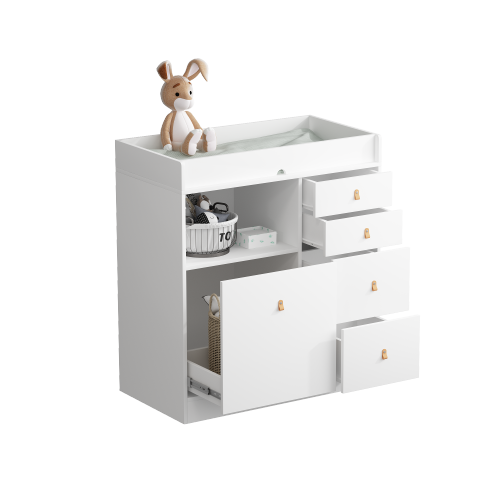 Homsee Classic White Changing Table with Ample Storage, Built-in Shelves, and Pull-Out Laundry Basket White