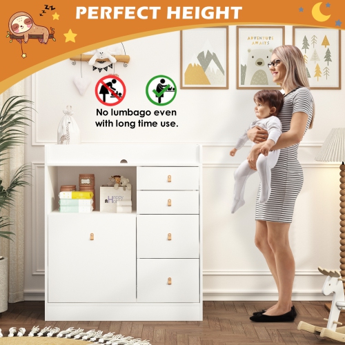 Homsee Classic White Changing Table with Ample Storage, Built-in Shelves, and Pull-Out Laundry Basket White