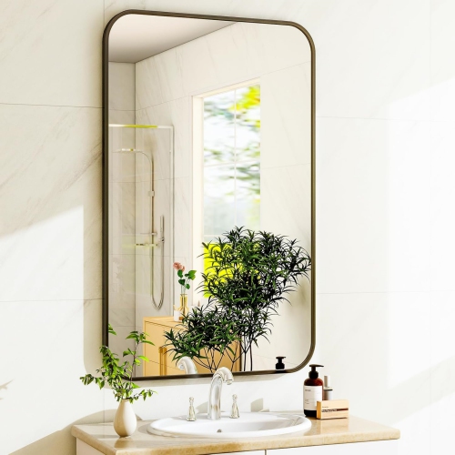 NIERBO  Round Corner Top Bathroom Mirror 30"x48" Rectangle Aluminum Frame Mirror Hanging Entryway Wall Mirror Bedroom Decorative Mirror Living Room