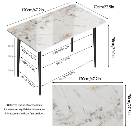 48 x 28 Inch Kitchen Dining Table:Modern Rectangular Breakfast Table Sintered Stone Marble Effect Table Top with Tapered Metal Legs for Restaurant