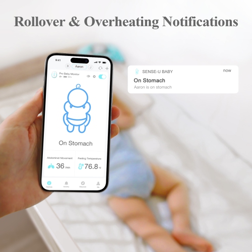 Sense-U Pro Baby Breathing Monitor: Real-time Alerts for No Breathing, Rollover, Overheating, Arousal Vibration, Audible & App Alert, Easy Clip-On