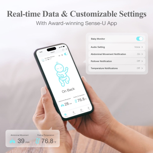 Sense-U Pro Baby Breathing Monitor: Real-time Alerts for No Breathing, Rollover, Overheating, Arousal Vibration, Audible & App Alert, Easy Clip-On