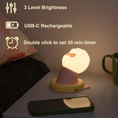 Cute Cat Paw Night Light – Touch Activated Rechargeable Night Light, Dimmable Bedside Night Lamp, Cat Nightlight with Timer for Kids, Squishy Cat