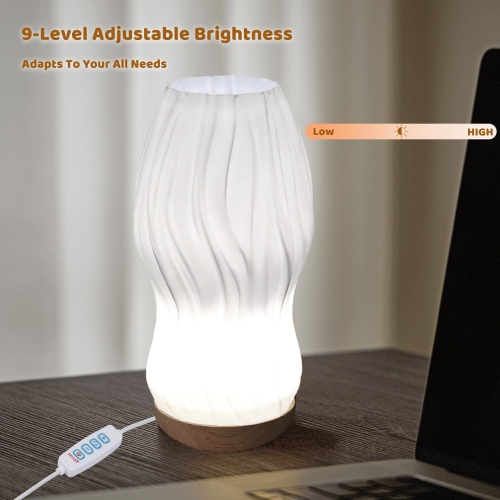 Bedroom Table Lamp with Wooden Base - Adjustable 3 Light Modes,3D Printed Lampshade Modern Nightstand Lamp,Suitable for Living Room,Desk