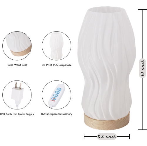Bedroom Table Lamp with Wooden Base - Adjustable 3 Light Modes,3D Printed Lampshade Modern Nightstand Lamp,Suitable for Living Room,Desk