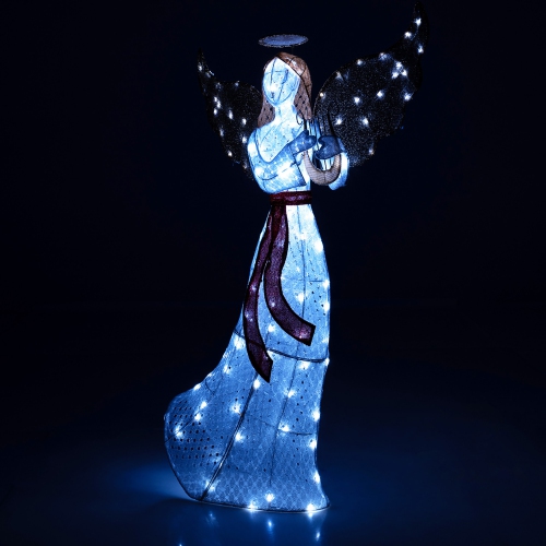 GYMAX  5 Ft Lighted Angel W/ Harp Led Lights Halo Zip Ties & Ground Stakes Christmas