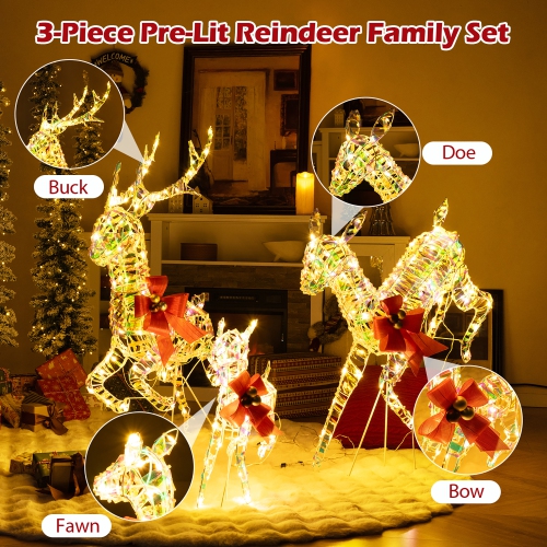 Gymax Christmas Lighted Reindeer w/ LED Lights and Red Bows Stakes