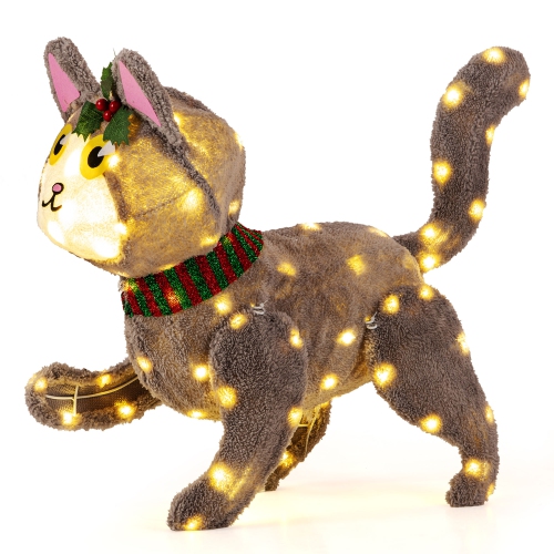 Gymax Lighted Christmas Cat w/ 88 LED Lights 4 Ground Stakes Cable Tiers for Yard