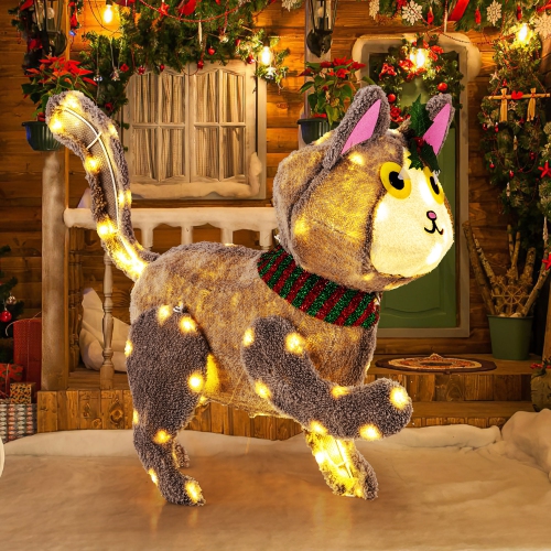 Gymax Lighted Christmas Cat w/ 88 LED Lights 4 Ground Stakes Cable Tiers for Yard