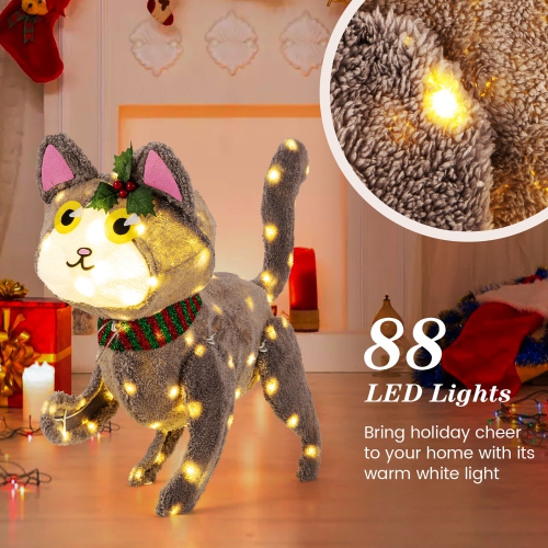 Gymax Lighted Christmas Cat w/ 88 LED Lights 4 Ground Stakes Cable Tiers for Yard