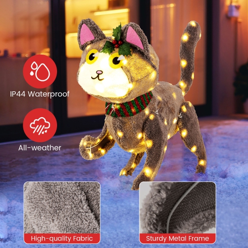 Gymax Lighted Christmas Cat w/ 88 LED Lights 4 Ground Stakes Cable Tiers for Yard