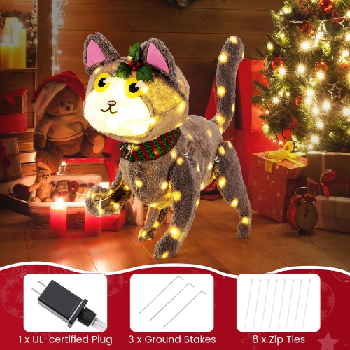 Gymax Lighted Christmas Cat w/ 88 LED Lights 4 Ground Stakes Cable Tiers for Yard