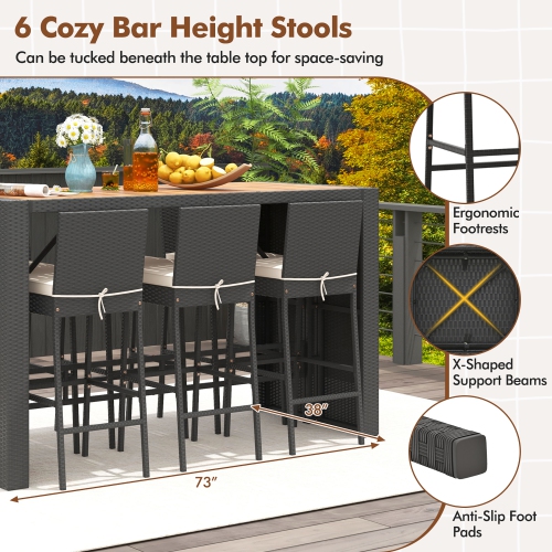Gymax 7 Pieces Patio Bar Set w/ Acacia Wood Tabletop & Removable Cushions Outdoor