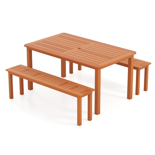 Gymax Set of 3 Patio Dining Set Solid Wood Dining Table w/2 Benches 2'' Umbrella Hole