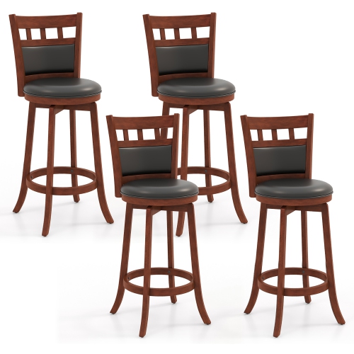 GYMAX  Wood Swivel Bar Stools Set Of 4 W/ Faux Leather Upholstered Seat & Back