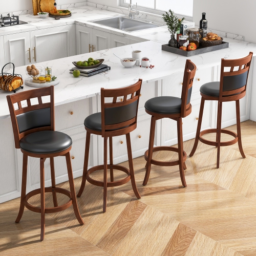 Gymax Wood Swivel Bar Stools Set of 4 w/ Faux Leather Upholstered Seat & Back