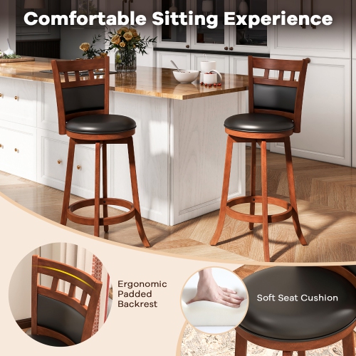 Gymax Wood Swivel Bar Stools Set of 4 w/ Faux Leather Upholstered Seat & Back