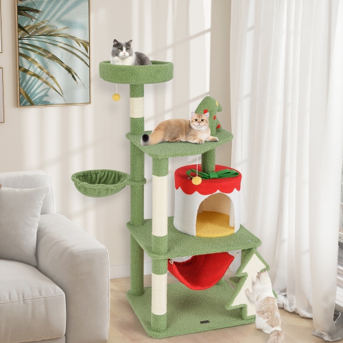 Gymax 52'' Tall Christmas Cat Tree w/ Sisal Scratching Posts Gift Box Shaped Condo
