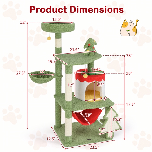 Gymax 52'' Tall Christmas Cat Tree w/ Sisal Scratching Posts Gift Box Shaped Condo