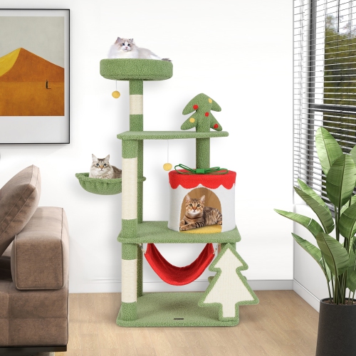 Gymax 52'' Tall Christmas Cat Tree w/ Sisal Scratching Posts Gift Box Shaped Condo