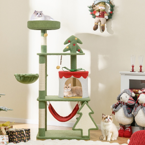 Gymax 52'' Tall Christmas Cat Tree w/ Sisal Scratching Posts Gift Box Shaped Condo