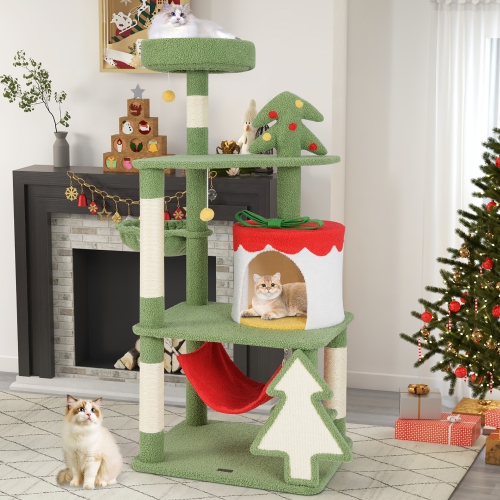 Gymax 52'' Tall Christmas Cat Tree w/ Sisal Scratching Posts Gift Box Shaped Condo