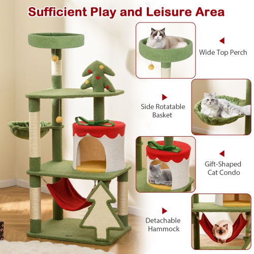 Gymax 52'' Tall Christmas Cat Tree w/ Sisal Scratching Posts Gift Box Shaped Condo
