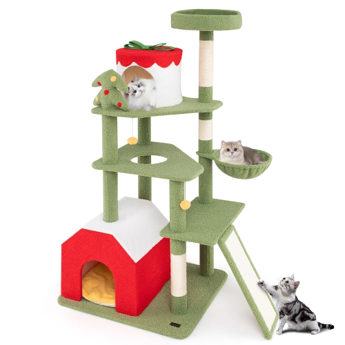 Gymax 61'' Tall Christmas Cat Tree w/ Sisal Scratching Posts Plush Perch & 2 Condos