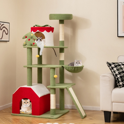 Gymax 61'' Tall Christmas Cat Tree w/ Sisal Scratching Posts Plush Perch & 2 Condos