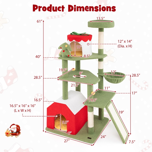 Gymax 61'' Tall Christmas Cat Tree w/ Sisal Scratching Posts Plush Perch & 2 Condos