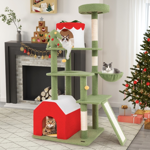 Gymax 61'' Tall Christmas Cat Tree w/ Sisal Scratching Posts Plush Perch & 2 Condos