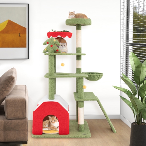 Gymax 61'' Tall Christmas Cat Tree w/ Sisal Scratching Posts Plush Perch & 2 Condos