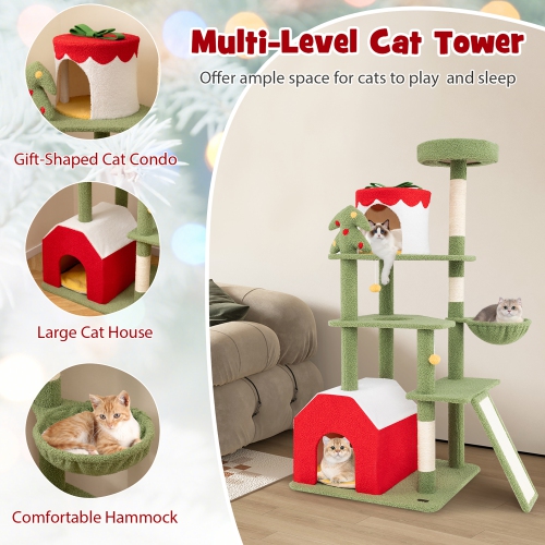 Gymax 61'' Tall Christmas Cat Tree w/ Sisal Scratching Posts Plush Perch & 2 Condos