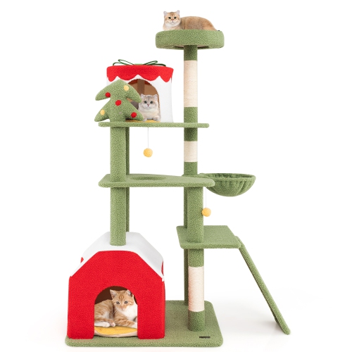 Gymax 61'' Tall Christmas Cat Tree w/ Sisal Scratching Posts Plush Perch & 2 Condos