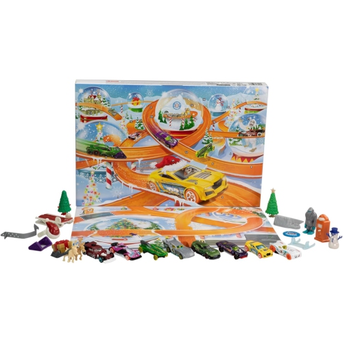 Hot Wheels: Advent Christmas Calendar - 1:64 Scale Cars & 16 Winter-Themed Accessories & 24 Numbered Doors & Playmat