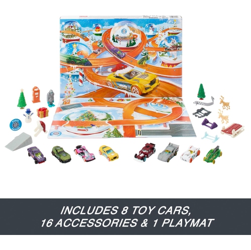 Hot Wheels: Advent Christmas Calendar - 1:64 Scale Cars & 16 Winter-Themed Accessories & 24 Numbered Doors & Playmat