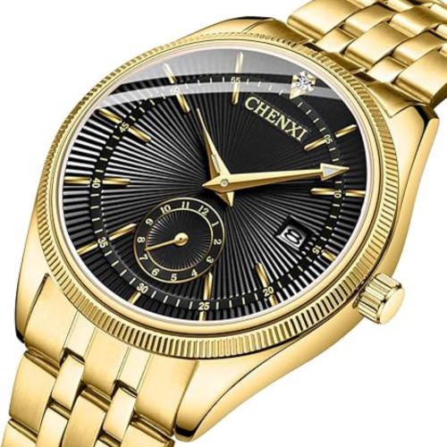 Men's Luxury Analog Quartz Gold Watch Business Stainless Steel Band Dress Wrist Watch Classic Calendar Date Window 3ATM Water Resistant