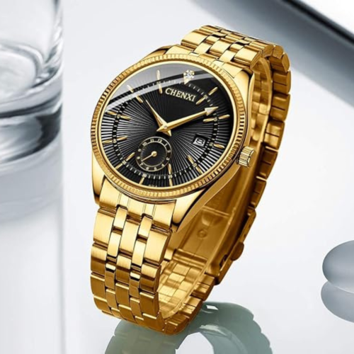 Men's Luxury Analog Quartz Gold Watch Business Stainless Steel Band Dress Wrist Watch Classic Calendar Date Window 3ATM Water Resistant