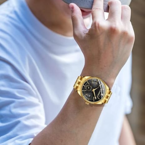 Men's Luxury Analog Quartz Gold Watch Business Stainless Steel Band Dress Wrist Watch Classic Calendar Date Window 3ATM Water Resistant