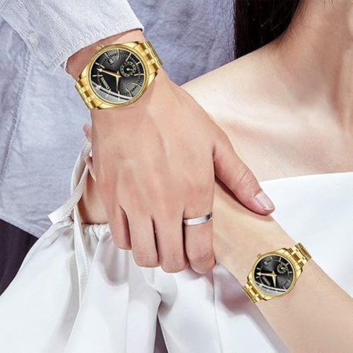 Men's Luxury Analog Quartz Gold Watch Business Stainless Steel Band Dress Wrist Watch Classic Calendar Date Window 3ATM Water Resistant