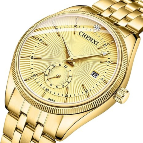 Men's Luxury Analog Quartz Gold Watch Business Stainless Steel Band Dress Wrist Watch Classic Calendar Date Window 3ATM Water Resistant