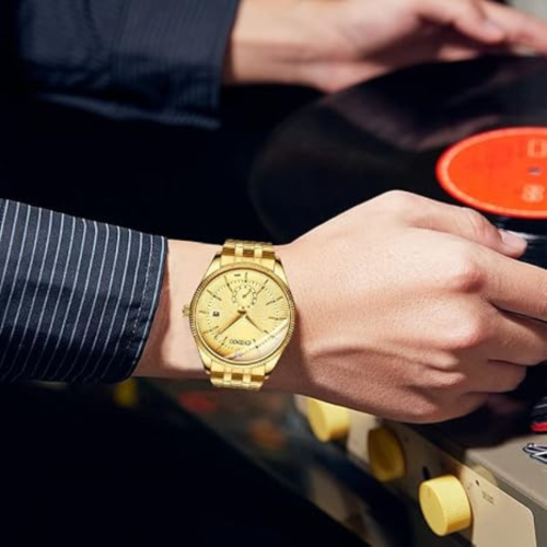 Men's Luxury Analog Quartz Gold Watch Business Stainless Steel Band Dress Wrist Watch Classic Calendar Date Window 3ATM Water Resistant