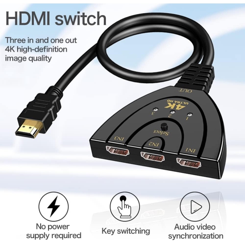 4K HDMI Switch 3 in 1 out 4K@30Hz, 3-Port HDMI Splitter Hub Switcher Auto Switching UHD 3D HDR HD 1080P HDCP, for HDTV, PS5/4, Xbox, Fire Stick