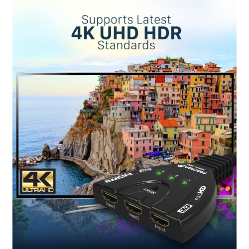 4K HDMI Switch 3 in 1 out 4K@30Hz, 3-Port HDMI Splitter Hub Switcher Auto Switching UHD 3D HDR HD 1080P HDCP, for HDTV, PS5/4, Xbox, Fire Stick