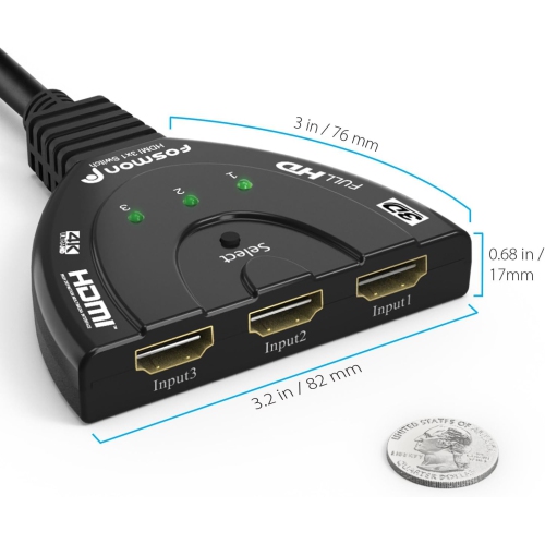 4K HDMI Switch 3 in 1 out 4K@30Hz, 3-Port HDMI Splitter Hub Switcher Auto Switching UHD 3D HDR HD 1080P HDCP, for HDTV, PS5/4, Xbox, Fire Stick